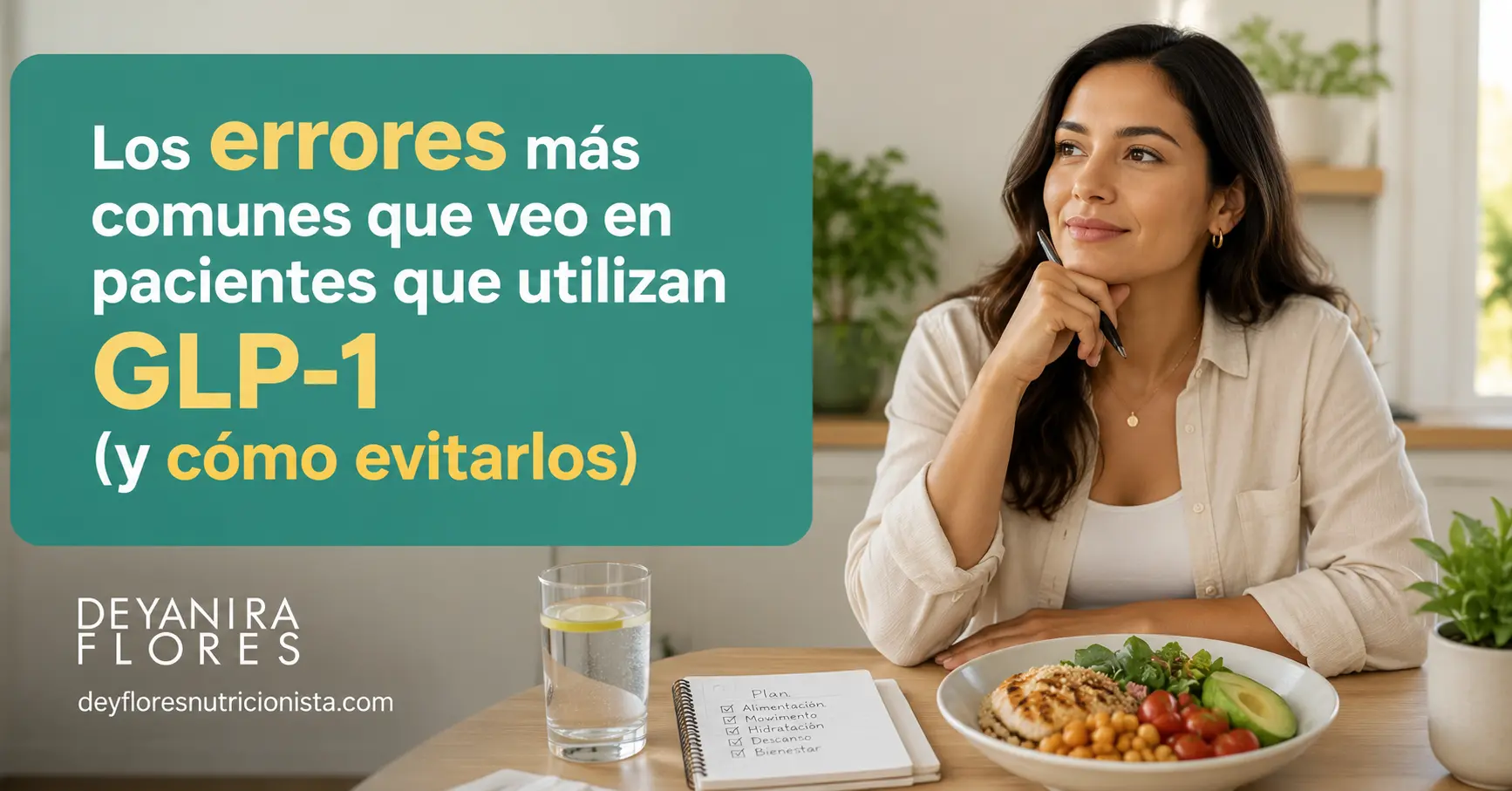 Mujer reflexionando frente a una comida saludable mientras revisa hábitos para evitar errores comunes al utilizar GLP-1.